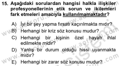 Halkla İlişkiler Dersi 2021 - 2022 Yılı (Final) Dönem Sonu Sınav Soruları 15. Soru