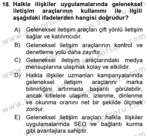 Halkla İlişkiler Dersi 2021 - 2022 Yılı (Final) Dönem Sonu Sınav Soruları 18. Soru
