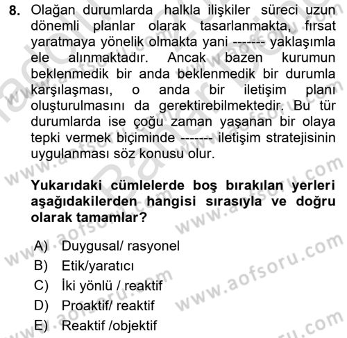 Halkla İlişkiler Dersi 2021 - 2022 Yılı (Final) Dönem Sonu Sınav Soruları 8. Soru