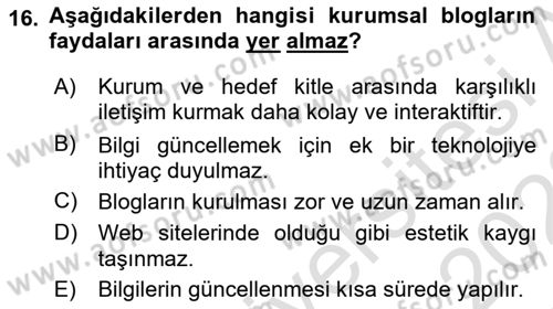 Halkla İlişkiler Dersi 2021 - 2022 Yılı Yaz Okulu Sınav Soruları 16. Soru