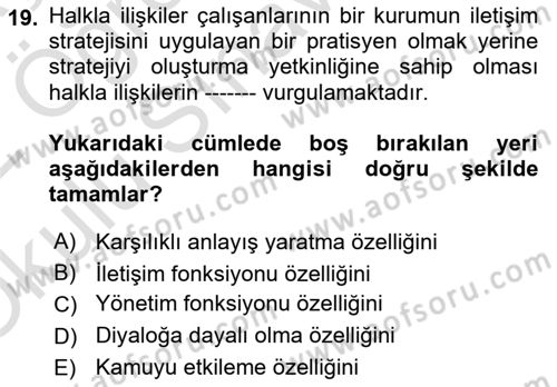 Halkla İlişkiler Dersi 2021 - 2022 Yılı Yaz Okulu Sınav Soruları 19. Soru