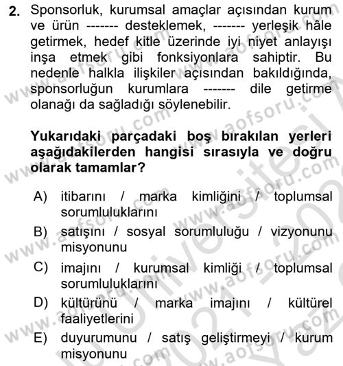 Halkla İlişkiler Dersi 2021 - 2022 Yılı Yaz Okulu Sınav Soruları 2. Soru