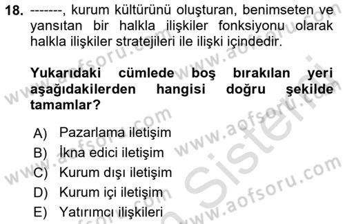 Halkla İlişkiler Dersi 2022 - 2023 Yılı Yaz Okulu Sınavı 18. Soru