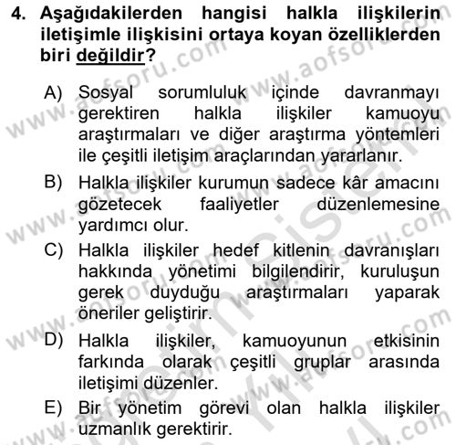 Halkla İlişkiler Dersi 2023 - 2024 Yılı (Vize) Ara Sınav Soruları 4. Soru