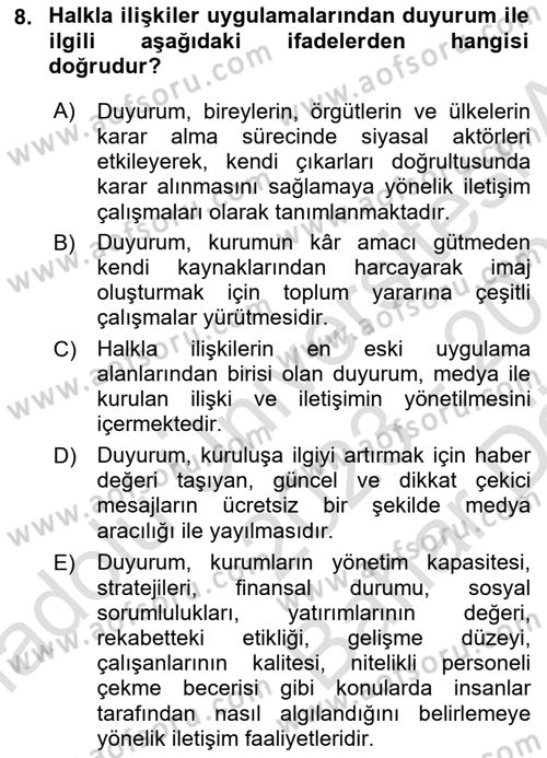 Halkla İlişkiler Dersi 2023 - 2024 Yılı (Vize) Ara Sınav Soruları 8. Soru