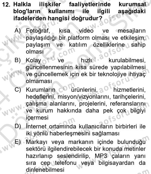 Halkla İlişkiler Dersi 2023 - 2024 Yılı (Final) Dönem Sonu Sınav Soruları 12. Soru