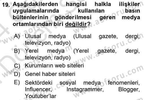 Halkla İlişkiler Dersi 2023 - 2024 Yılı (Final) Dönem Sonu Sınav Soruları 19. Soru