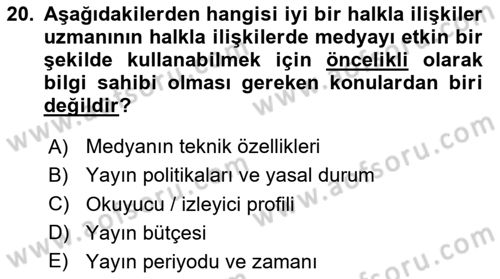 Halkla İlişkiler Dersi 2023 - 2024 Yılı (Final) Dönem Sonu Sınav Soruları 20. Soru
