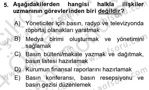 Halkla İlişkiler Dersi 2023 - 2024 Yılı (Final) Dönem Sonu Sınav Soruları 5. Soru