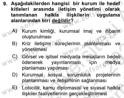 Halkla İlişkiler Dersi 2023 - 2024 Yılı (Final) Dönem Sonu Sınav Soruları 9. Soru