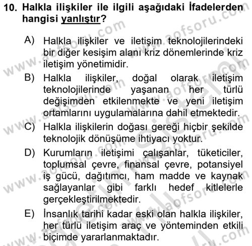 Halkla İlişkiler Dersi 2024 - 2025 Yılı (Vize) Ara Sınav Soruları 10. Soru