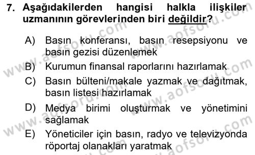 Halkla İlişkiler Dersi 2024 - 2025 Yılı (Vize) Ara Sınav Soruları 7. Soru