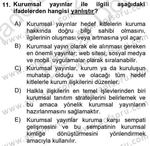 Halkla İlişkiler Dersi 2024 - 2025 Yılı (Final) Dönem Sonu Sınav Soruları 11. Soru