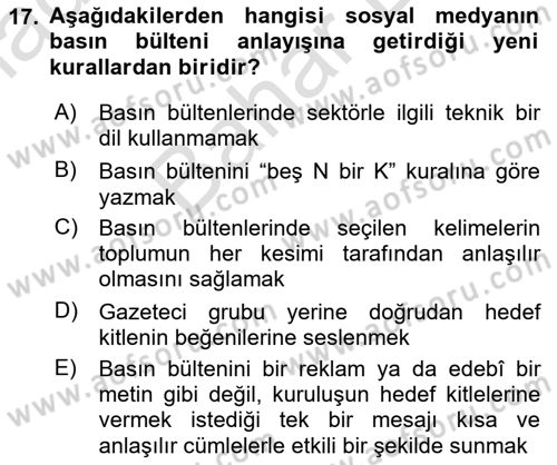 Halkla İlişkiler Dersi 2024 - 2025 Yılı (Final) Dönem Sonu Sınav Soruları 17. Soru