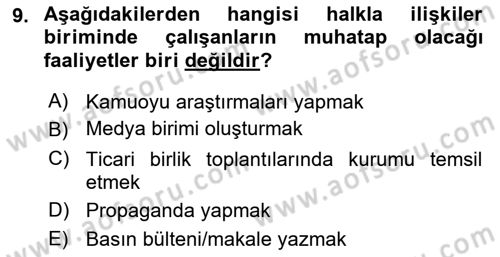 Halkla İlişkiler Dersi 2025 - 2026 Yılı (Vize) Ara Sınav Soruları 9. Soru