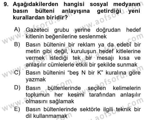 Halkla İlişkiler Dersi 2025 - 2026 Yılı (Final) Dönem Sonu Sınav Soruları 9. Soru