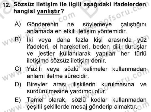 Halkla İlişkilerde Etkili İletişim Dersi 2021 - 2022 Yılı (Vize) Ara Sınav Soruları 12. Soru