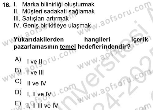Halkla İlişkiler Uygulama Teknikleri Dersi 2024 - 2025 Yılı Yaz Okulu Sınav Soruları 16. Soru