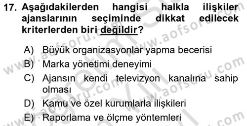 Halkla İlişkiler Uygulama Teknikleri Dersi 2025 - 2026 Yılı (Vize) Ara Sınav Soruları 17. Soru