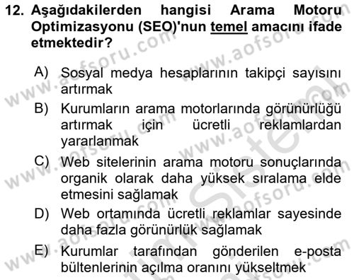 Halkla İlişkiler Uygulama Teknikleri Dersi 2025 - 2026 Yılı (Final) Dönem Sonu Sınav Soruları 12. Soru