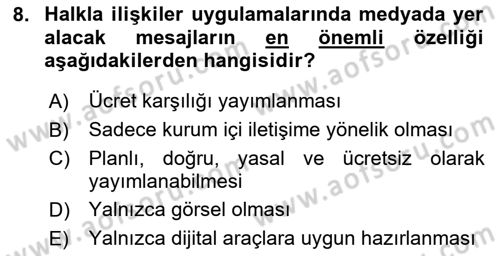 Halkla İlişkiler Uygulama Teknikleri Dersi 2025 - 2026 Yılı (Final) Dönem Sonu Sınav Soruları 8. Soru