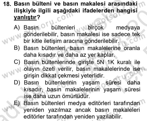 Halkla İlişkiler Uygulamaları ve Örnek Olaylar Dersi 2013 - 2014 Yılı Tek Ders Sınav Soruları 18. Soru