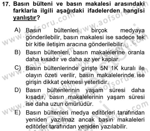 Halkla İlişkiler Uygulamaları ve Örnek Olaylar Dersi 2015 - 2016 Yılı (Final) Dönem Sonu Sınav Soruları 17. Soru