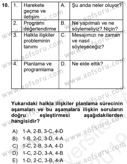 Halkla İlişkiler Uygulamaları ve Örnek Olaylar Dersi 2018 - 2019 Yılı (Final) Dönem Sonu Sınav Soruları 10. Soru
