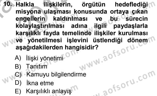 Halkla İlişkiler Yönetimi Dersi Ara Sınavı Deneme Sınav Soruları 10. Soru