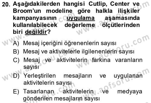 Halkla İlişkiler Yönetimi Dersi 2013 - 2014 Yılı (Final) Dönem Sonu Sınav Soruları 20. Soru