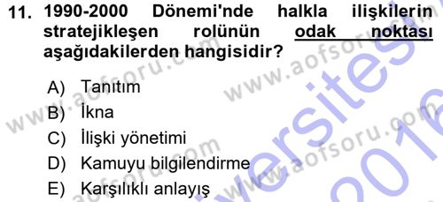 Halkla İlişkiler Yönetimi Dersi 2015 - 2016 Yılı (Vize) Ara Sınavı 11. Soru