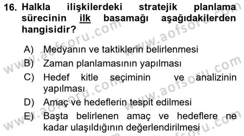 Halkla İlişkiler Yönetimi Dersi 2016 - 2017 Yılı 3 Ders Sınav Soruları 16. Soru
