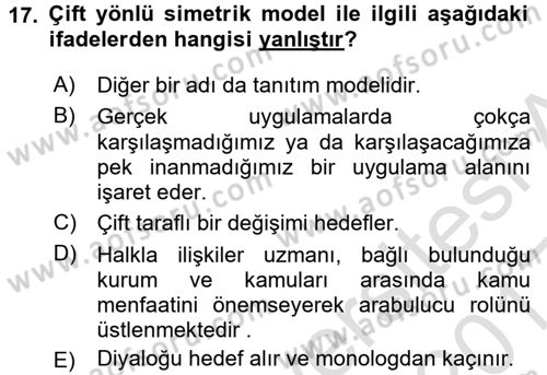 Halkla İlişkiler Yönetimi Dersi 2016 - 2017 Yılı (Vize) Ara Sınav Soruları 17. Soru