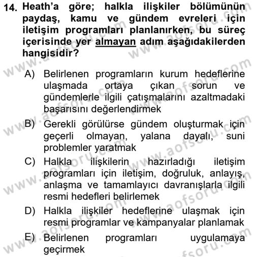 Halkla İlişkiler Yönetimi Dersi 2016 - 2017 Yılı (Final) Dönem Sonu Sınav Soruları 14. Soru