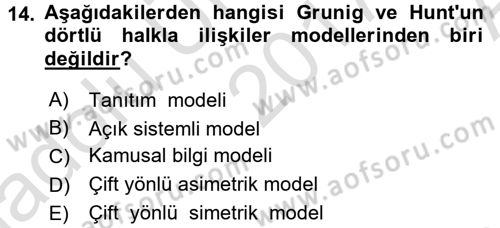 Halkla İlişkiler Yönetimi Dersi 2017 - 2018 Yılı (Vize) Ara Sınav Soruları 14. Soru