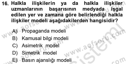 Halkla İlişkiler Yönetimi Dersi 2017 - 2018 Yılı (Vize) Ara Sınav Soruları 16. Soru