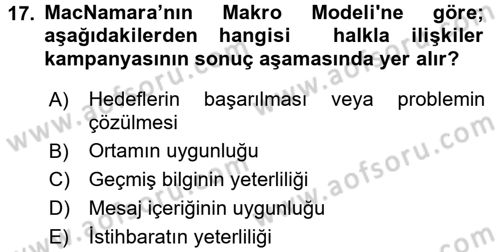 Halkla İlişkiler Yönetimi Dersi 2017 - 2018 Yılı (Final) Dönem Sonu Sınav Soruları 17. Soru