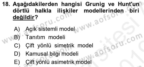 Halkla İlişkiler Yönetimi Dersi Ara Sınavı Deneme Sınav Soruları 18. Soru