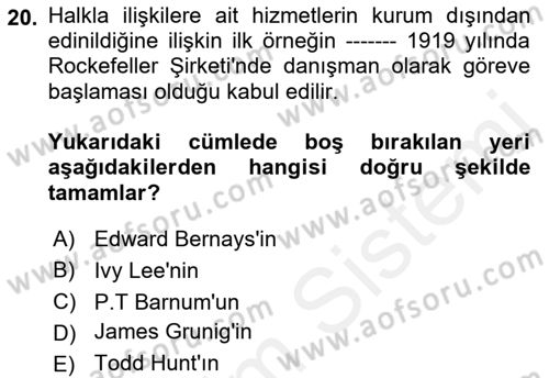 Halkla İlişkiler Yönetimi Dersi Ara Sınavı Deneme Sınav Soruları 20. Soru