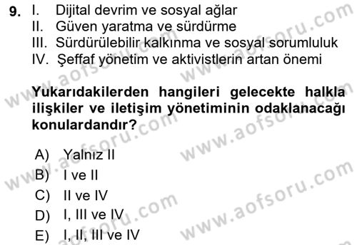 Halkla İlişkiler Yönetimi Dersi Ara Sınavı Deneme Sınav Soruları 9. Soru