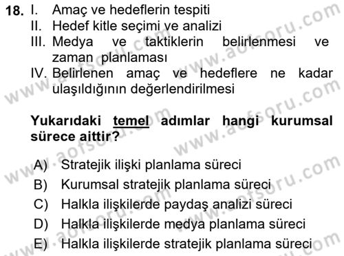 Halkla İlişkiler Yönetimi Dersi 2018 - 2019 Yılı (Final) Dönem Sonu Sınav Soruları 18. Soru