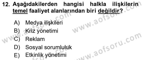 Halkla İlişkiler Yönetimi Dersi 2018 - 2019 Yılı Yaz Okulu Sınav Soruları 12. Soru
