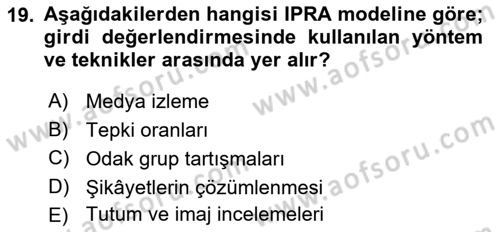 Halkla İlişkiler Yönetimi Dersi 2018 - 2019 Yılı Yaz Okulu Sınav Soruları 19. Soru