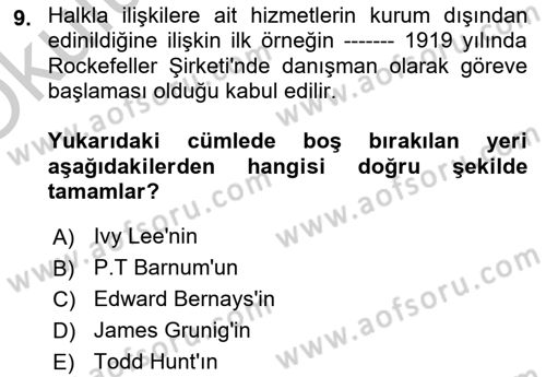 Halkla İlişkiler Yönetimi Dersi 2018 - 2019 Yılı Yaz Okulu Sınav Soruları 9. Soru