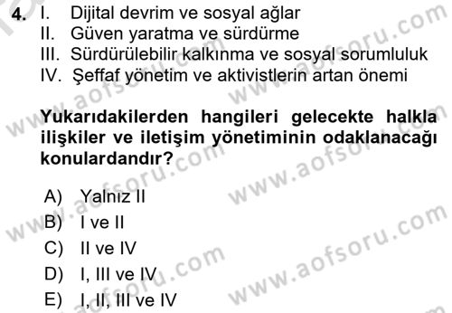 Halkla İlişkiler Yönetimi Dersi 2019 - 2020 Yılı (Vize) Ara Sınav Soruları 4. Soru