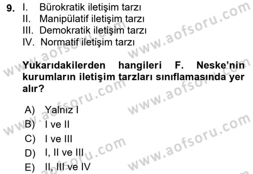 Halkla İlişkiler Yönetimi Dersi 2019 - 2020 Yılı (Vize) Ara Sınav Soruları 9. Soru