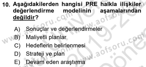 Halkla İlişkiler Yönetimi Dersi 2019 - 2020 Yılı (Final) Dönem Sonu Sınav Soruları 10. Soru