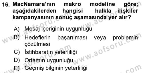 Halkla İlişkiler Yönetimi Dersi 2019 - 2020 Yılı (Final) Dönem Sonu Sınav Soruları 16. Soru