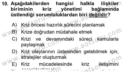 Halkla İlişkiler Yönetimi Dersi 2019 - 2020 Yılı Yaz Okulu Sınav Soruları 10. Soru