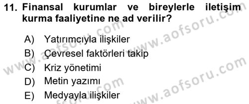 Halkla İlişkiler Yönetimi Dersi 2019 - 2020 Yılı Yaz Okulu Sınav Soruları 11. Soru